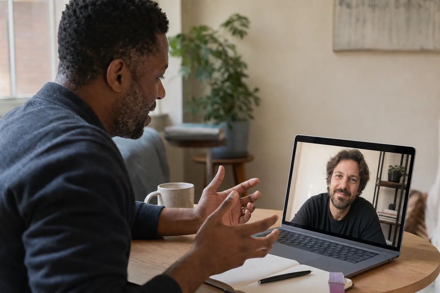 Two learners having a focused video conversation
